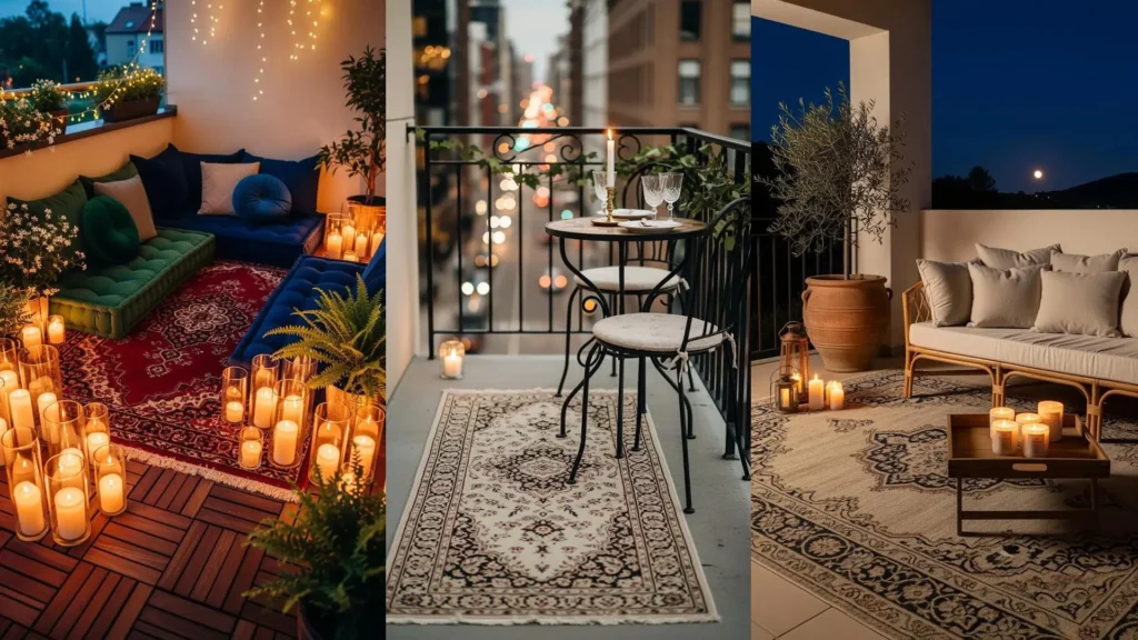Angoli romantici su balconi arredati con tappeti persiani e tantissime candele che creano un'atmosfera calda e sognante.
