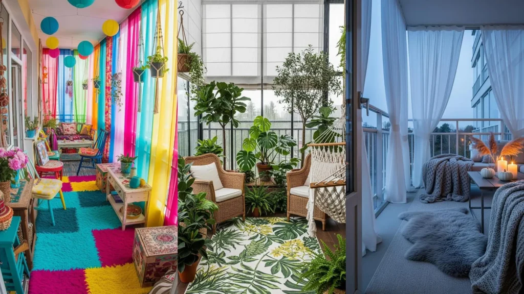 Balcone intimo con tende trasparenti, tappeti soffici e luci calde per momenti romantici.