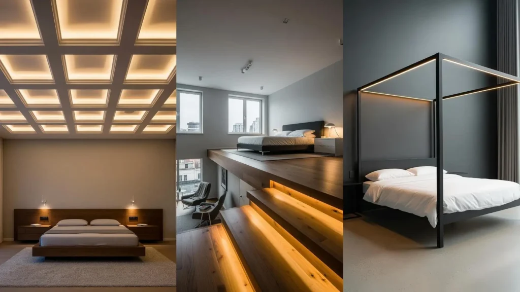 Collage di camere moderne con design innovativo illuminate da strisce di LED nascosti nel soffitto e nel letto.