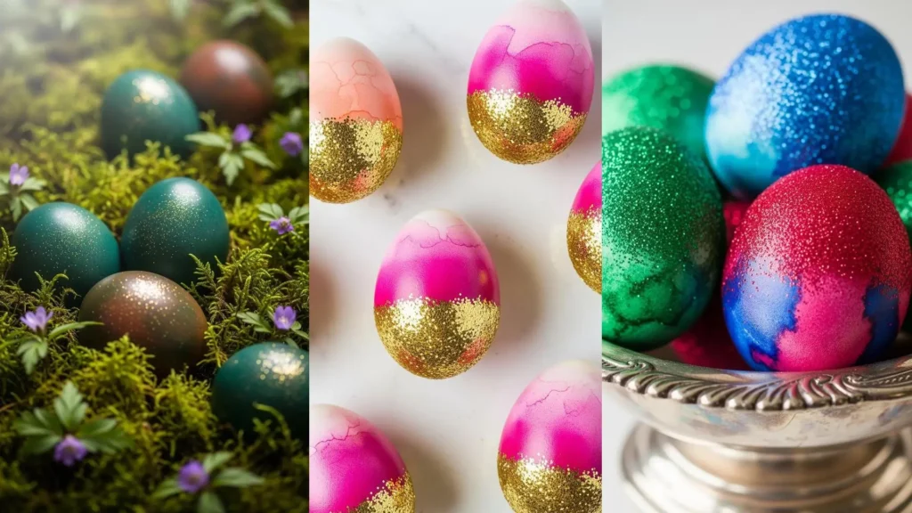 Scena festosa con uova pasquali decorate artisticamente usando acquerello e glitter, mostrando vari stili e colori vivaci.