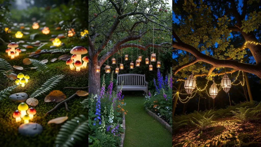 Suggestivi notturni da giardino con candele, torce, giochi di luce e lanterne nascosti tra le piante. Un'atmosfera magica.