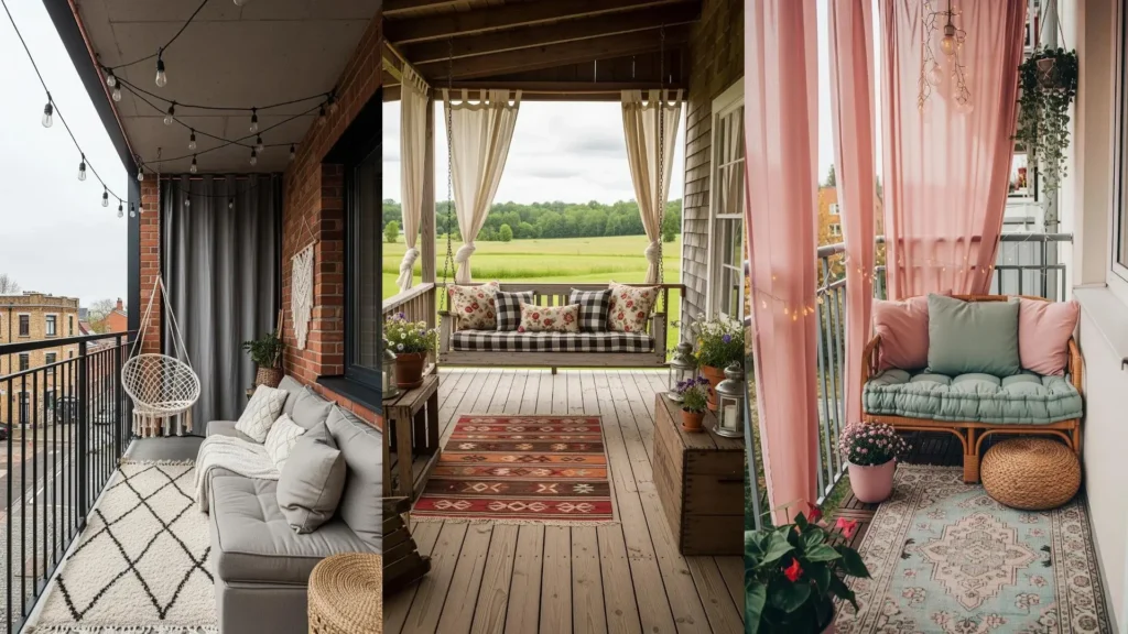 Patii bohemien chic con tende leggere, tappeti etnici e cuscini oversize, perfetti per il relax all'aperto.