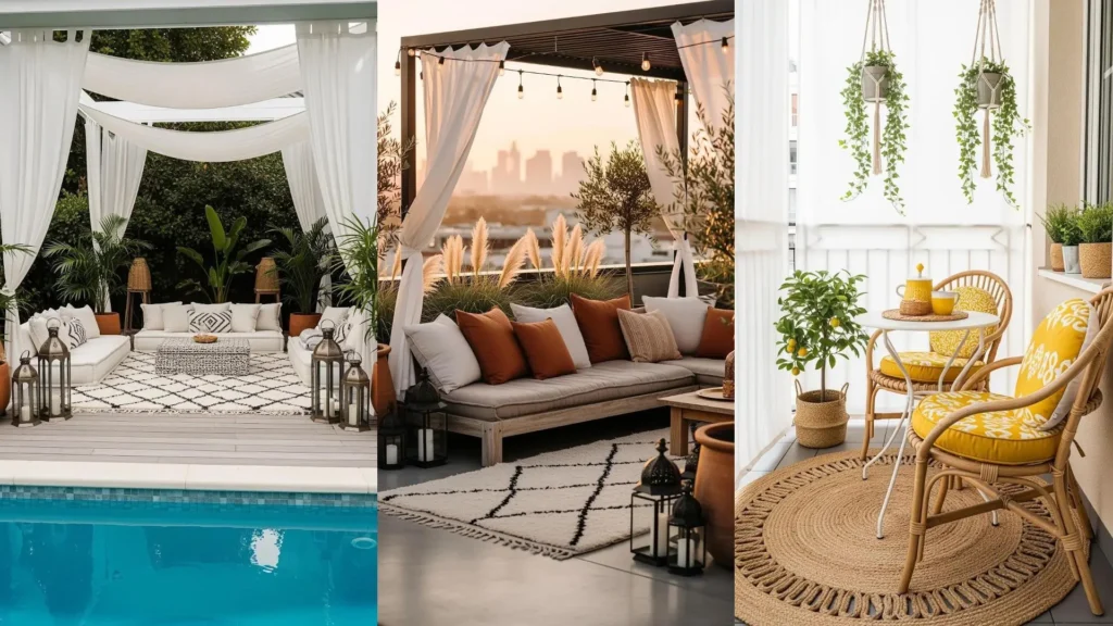 Tre eleganti patii bohemien chic con tappeti marocchini, tende bianche e cuscini oversize, perfetti per uno stile boho raffinato.