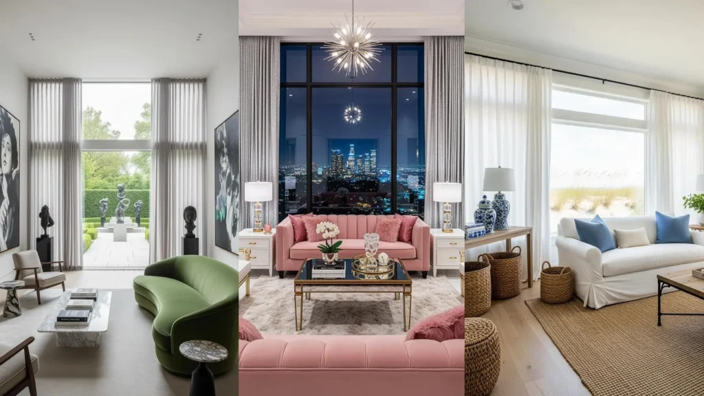 Salotti moderni e luminosi con grandi finestre panoramiche e tende leggere in lino, che offrono diverse viste mozzafiato.