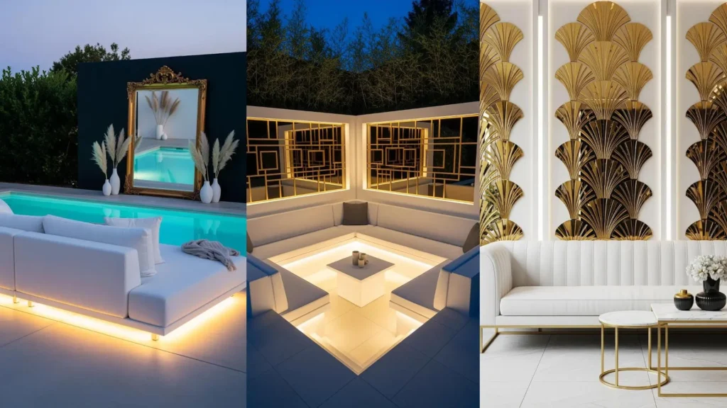 Scenari esterni chic con divani bianchi, specchi dorati e luci integrate, per un tocco di lusso e glamour.