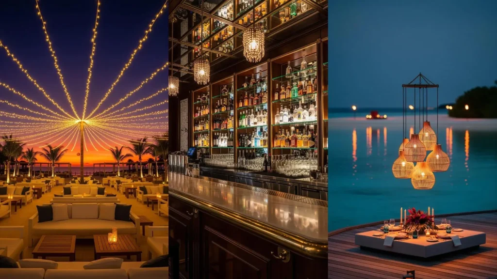 Scene tropicali illuminate con palme retroilluminate al tramonto, un brillante cocktail bar e una romantica cena in riva al mare.