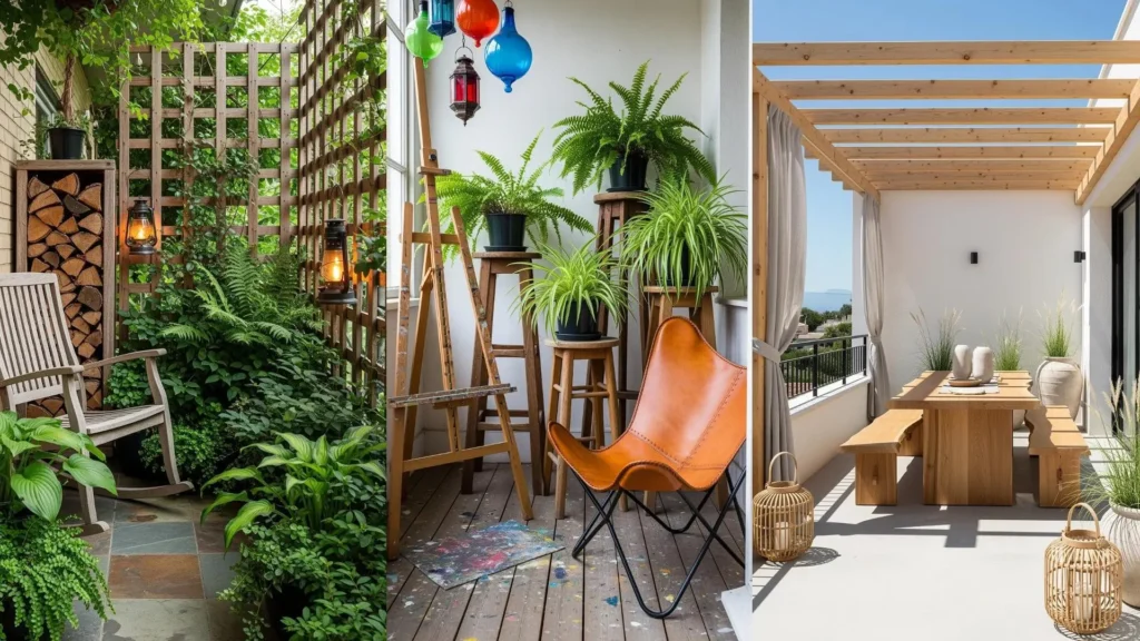 Balconi rustici con legno grezzo, lanterne decorative e charme di campagna in diverse configurazioni.