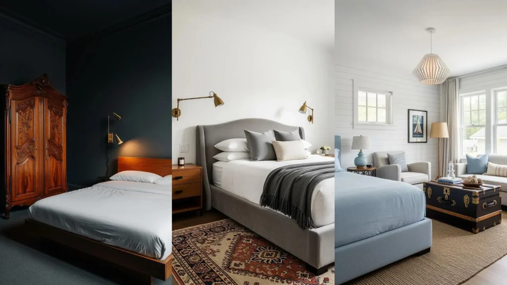 Mix armonico in camera da letto: collage di arredi moderni e vintage, come un armadio antico e un letto minimalista.