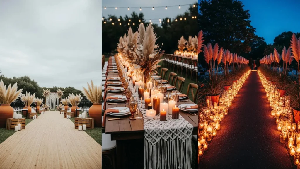 Matrimonio boho in giardino con allestimento di macrame, pampas e candele rustiche, creando un'atmosfera magica.