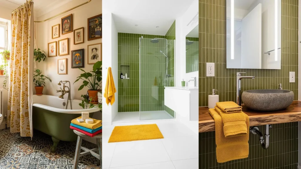 Tre bagni eleganti con accenti verde oliva e senape, asciugamani e tenda doccia in tessuti naturali.