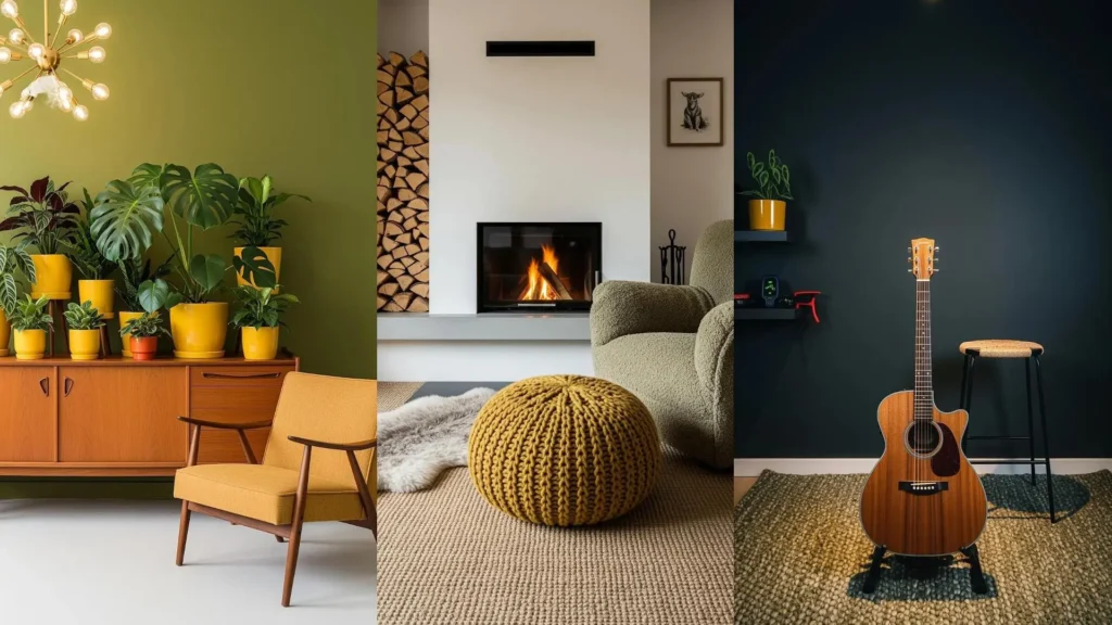 Interni con angoli accoglienti: poltrona senape, parete verde oliva, pouf in tessuto grezzo e piante. Atmosfera calda.