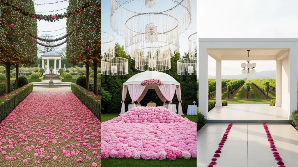 Giardini romantici con gazebi bianchi, tappeti di petali rosa e lucine sospese, ideali per eventi all'aperto.