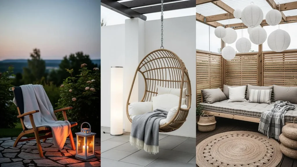 Patii scandinavi con arredi minimal: sedute accoglienti, morbidi plaid e lanterne bianche, ideali per serate hygge.