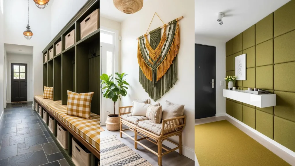 Accoglienti ingressi con panche, tappeti e arazzi in tessuti naturali, arricchiti da accenti senape e verde oliva.