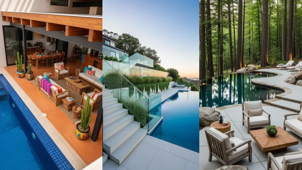 Immagine di moderne piscine a sfioro e salotti outdoor di design, con elementi in cemento levigato e vista panoramica.