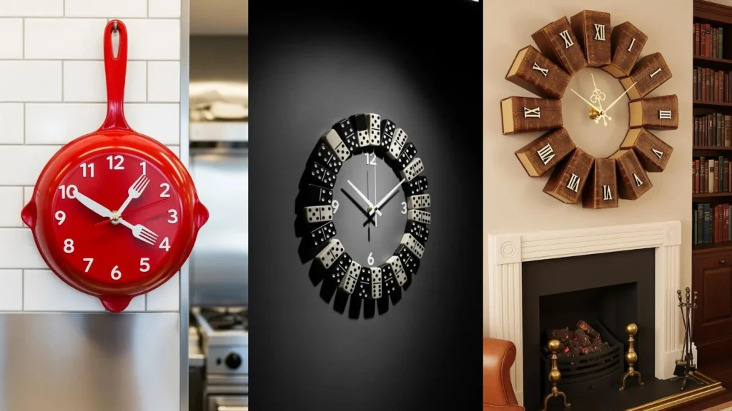 Orologi da parete personalizzati e creativi, uno a forma di padella rossa, uno con tessere di domino e un altro con libri.