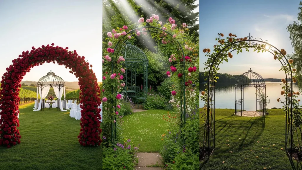 Archi di rose, gazebo in ferro battuto e tappeti erbosi creano un'atmosfera romantica in giardino.