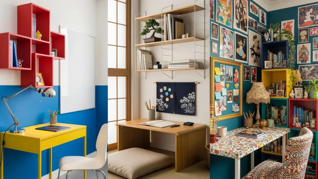 Tre angoli studio per studenti con scrivanie compatte, scaffali modulari colorati e lavagne magnetiche per organizzare lo spazio.