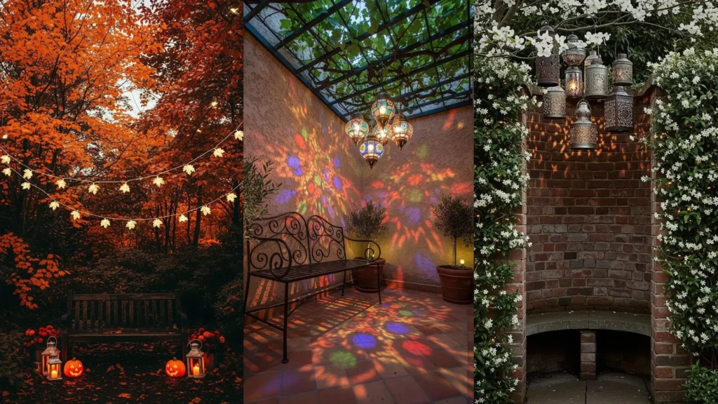 Tre giardini segreti incantati con panchine nascoste, luci delicate e lanterne artistiche sospese tra i rami.