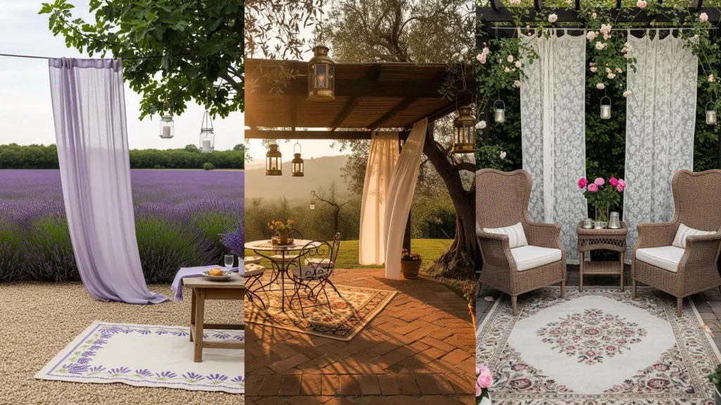 Patii romantici con tappeti floreali, tende leggere e lanterne appese tra alberi e pergolati, creando un'atmosfera magica.
