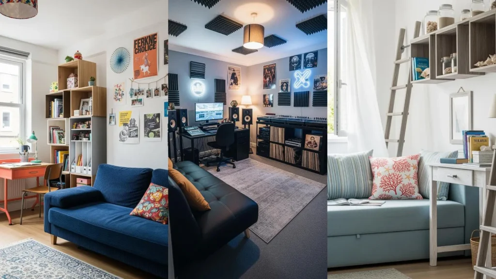 Tre salotti per studenti con divani letto, scrivanie compatte e scaffali modulari funzionali per studio e relax.