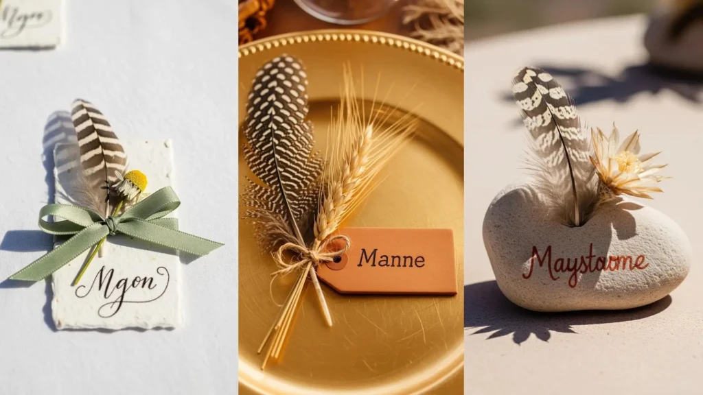 Segnaposto fatti a mano con piume naturali e piccoli fiori secchi, perfetti per un tocco rustico e chic al matrimonio.