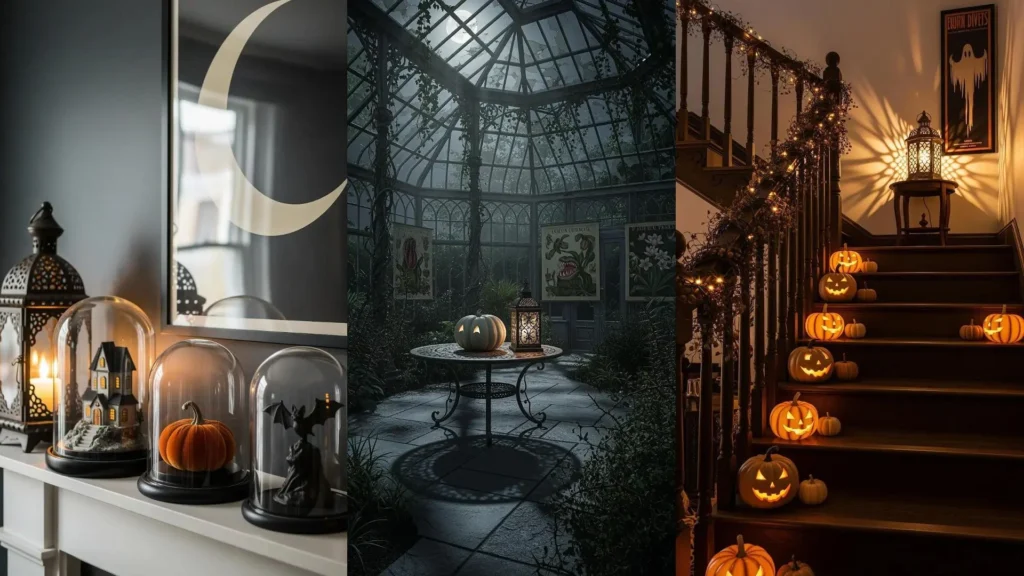 Feste Halloween vintage: zucche intagliate, lanterne in ferro e poster retrò creano un'atmosfera spettrale su scale e in serra.