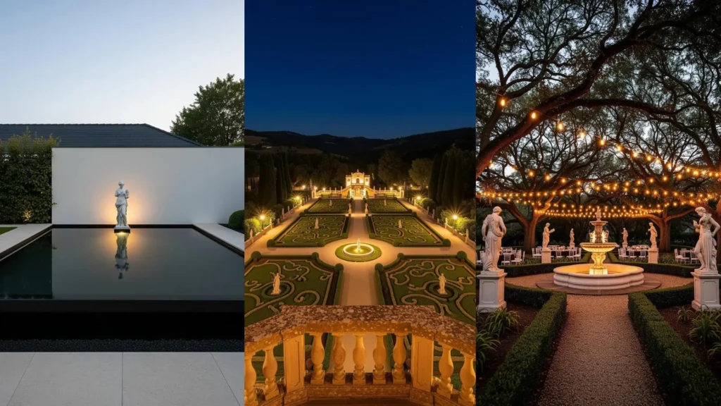 Tre eleganti giardini sotto le stelle con statue rinascimentali illuminate, fontane centrali e luci suggestive.