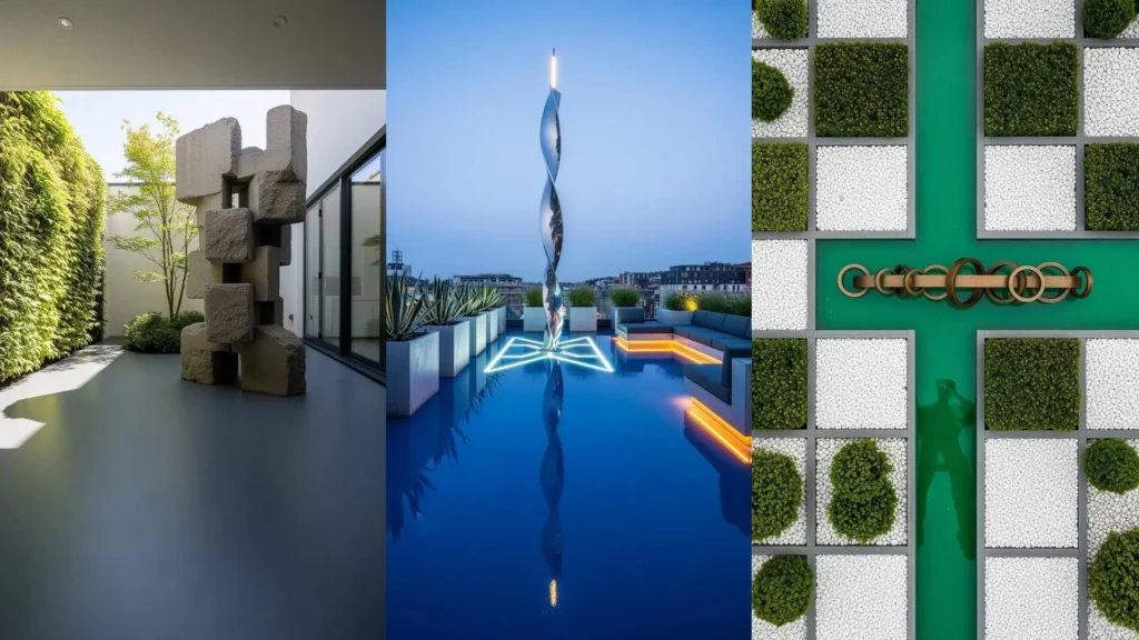 Vibranti giardini moderni con sculture astratte, illuminazione LED e pavimenti in resina colorata.