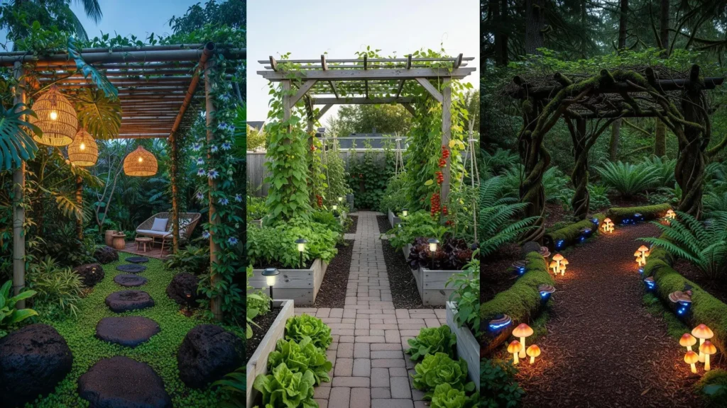 Giardini segreti con pergolati fioriti, sentieri illuminati e luci calde per un'atmosfera romantica.