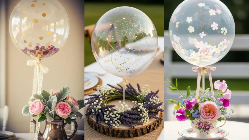 Centrotavola fai da te con palloncini trasparenti, coriandoli dorati, luci scintillanti e fiori freschi per decorazioni uniche.