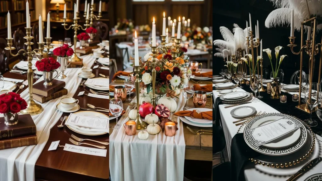 Tavole da matrimonio eleganti con lino bianco, candelabri dorati e porcellana raffinata, perfette per ispirazioni di allestimento.