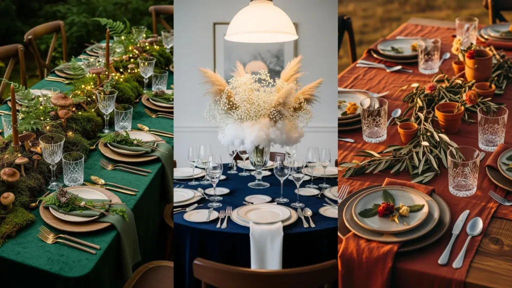 Tre eleganti tavole autunnali con tovaglie scure, bicchieri in cristallo e fiori secchi, pronte per un banchetto.