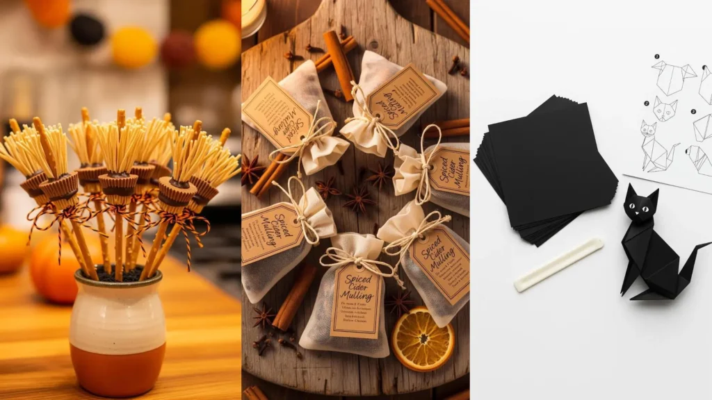 Sorprese Halloween fai da te: dolcetti a forma di scopa, bustine a tema con spezie e un gatto origami spettrale.