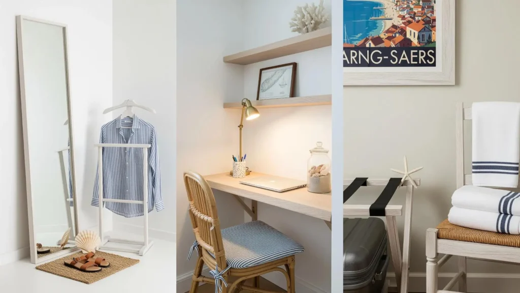 Angoli costieri con arredi in legno sbiancato, conchiglie decorative e tessuti a righe blu su cuscini e asciugamani.