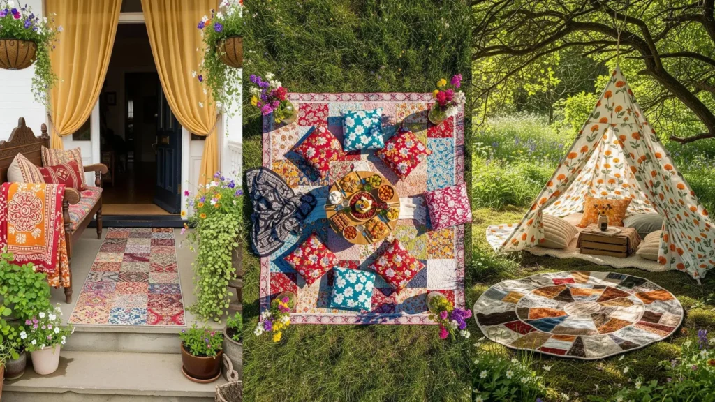 Scene bohemien con tende indiane, tappeti patchwork colorati e fiori selvatici che creano un ambiente vivace all'aperto.