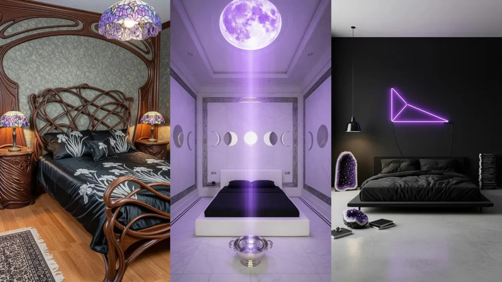 Tre rifugi stregati: camere da letto con lenzuola nere e luci viola, inclusa una luna luminosa, neon e lampade.