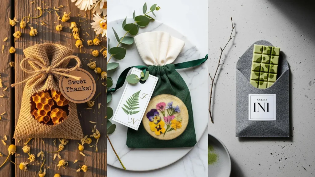 Tre favor creativi per compleanno: bustine con dolci artigianali, fiori secchi e tavoletta di cioccolato, con adesivi personalizzati.