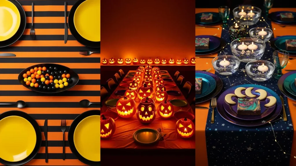 Tavole di Halloween festive per bambini con tovaglie arancioni, piatti colorati, jack-o'-lantern e dolcetti a tema.