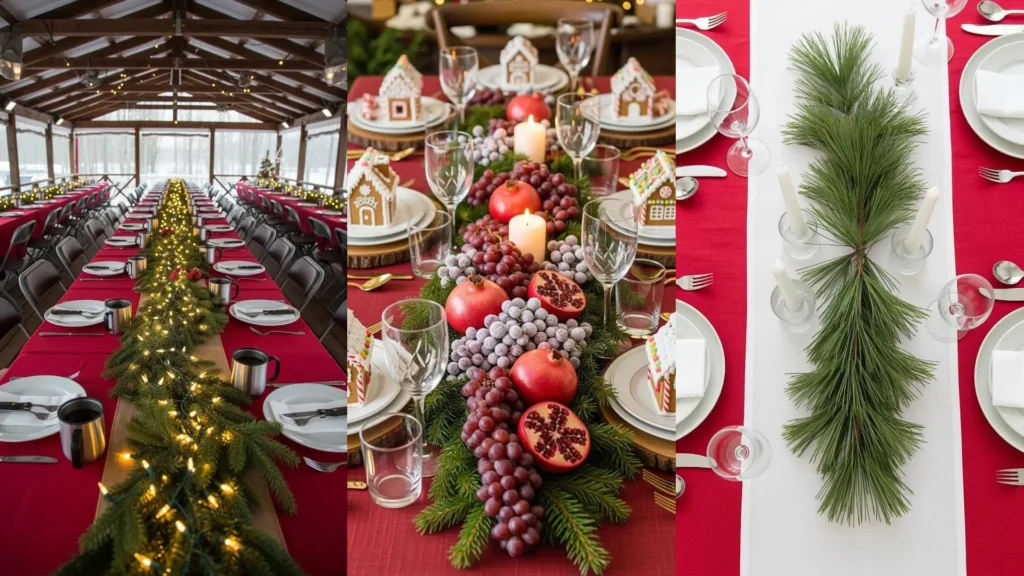 Tavoli da matrimonio invernale con tovaglie rosse, centrotavola di pino illuminati e dettagli natalizi.
