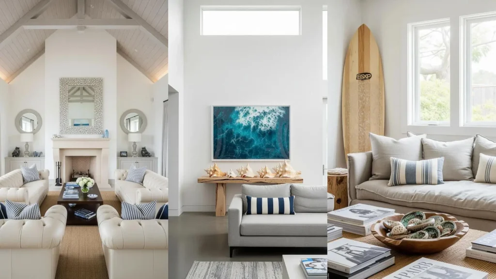 Soggiorno costiero luminoso con soffitto in legno sbiancato, conchiglie decorative e cuscini a righe blu su divani.