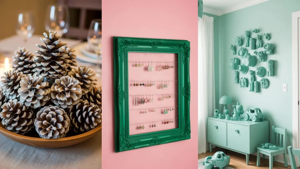 Pigne, cornice e giocattoli ridipinti con pittura spray diventano pezzi decorativi unici per la casa fai da te.