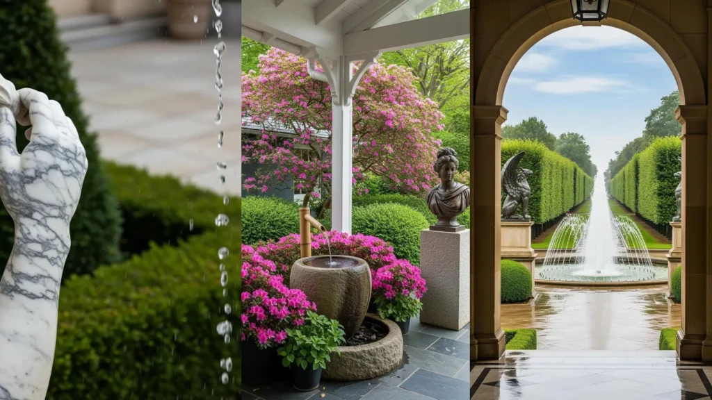 Veranda elegante con statue rinascimentali, siepi scolpite e fontana centrale di grande impatto.