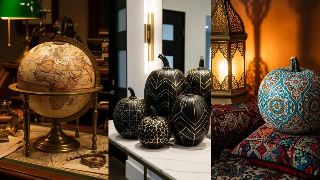 Zucche artistiche nere con geometrie dorate e una zucca dai motivi floreali acquerellati vibranti.