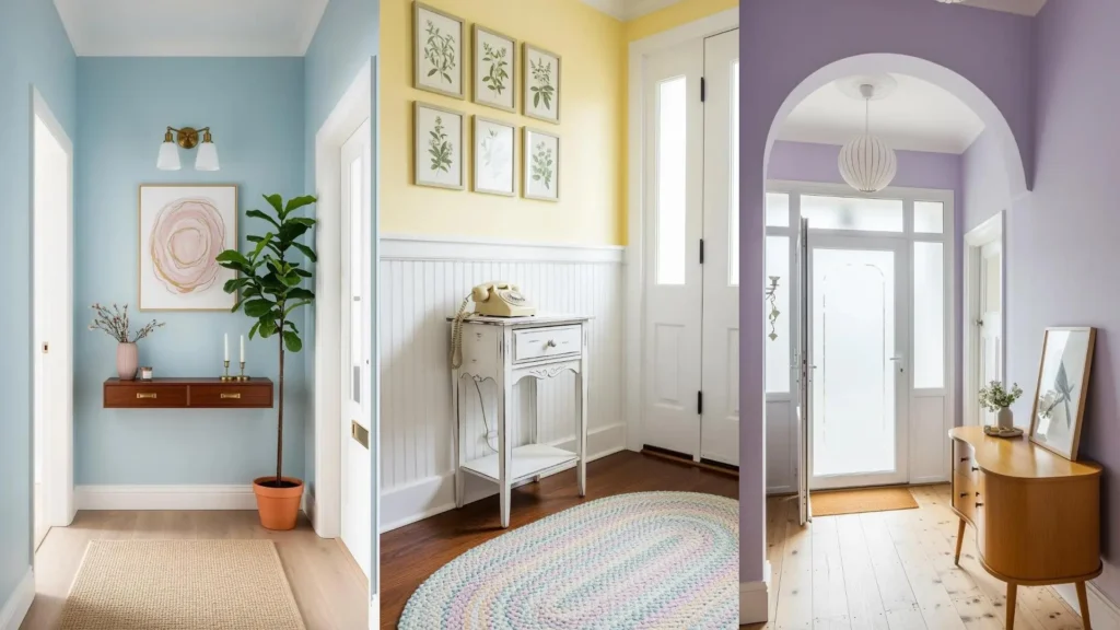 Tre ambienti d'ingresso in tonalità pastello con mobili retrò come una consolle sospesa, tavolino vintage e quadri delicati.