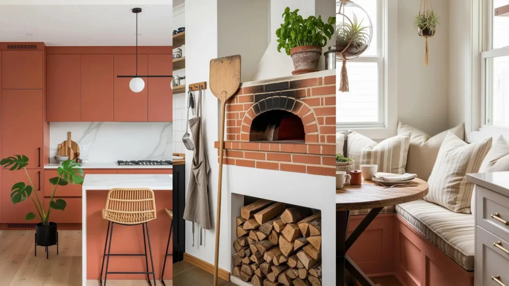 Cucina terracotta con mobili e forno a legna, arricchita da tessuti naturali per cuscini e l'eleganza di piante verdi.