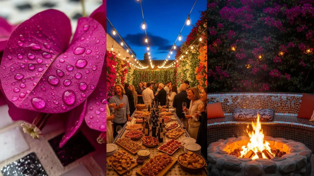 Giardino mediterraneo notturno con bouganville illuminate, panca in mosaico, fire pit e persone che festeggiano.