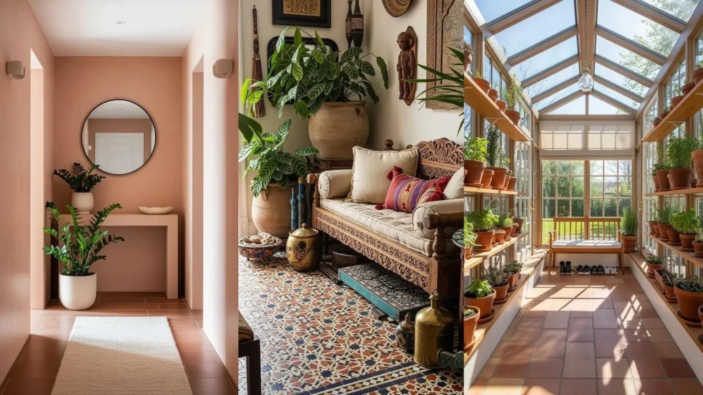 Atmosfere accoglienti con ingressi caldi, piante in terracotta, pavimenti terrosi e morbidi tessuti naturali.