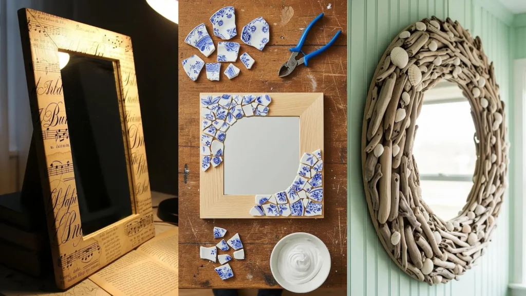 Tre specchi con cornici fai da te shabby chic: uno decorato con spartito, uno con mosaico di ceramica e uno con legni di mare.