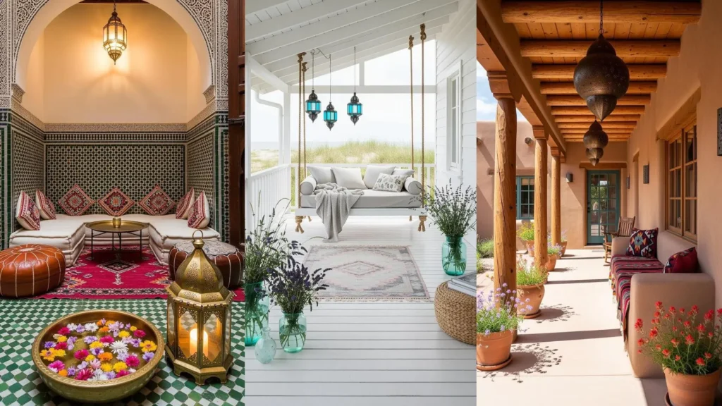 Portici bohemien accoglienti con tappeti kilim, lanterne marocchine scintillanti e fioriture selvatiche colorate.